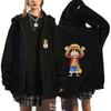 One Piece Chibi Luffy Cheer Jump Zip Hoodie, Mini Luffy Pocket Logo & Back Chibi Luffy Double Fist Cheer Jump, Oversized Anime Zip-Up