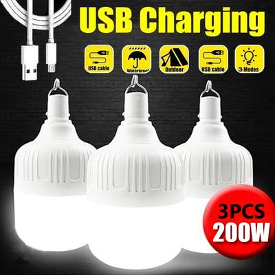 3PCS Portable Emergency Lights with Hook LED Lamp Bulbs Outdoor Camping USB Rechargeable Light Lantern Patio Porch Garden Lighting