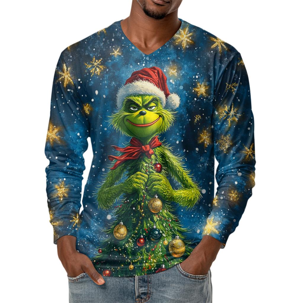 Men's Fashion Printed V-Neck Casual Long-Sleeved T-Shirt Bottoming Shirt Top