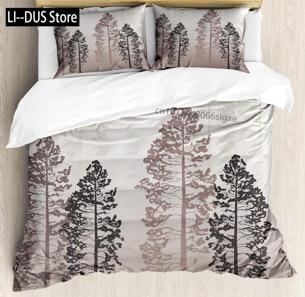 Pine Trees in The Forest Duvet Cover Set Foggy Decorative 3 Piece Bedding Set with 2 Pillow Shams Queen Full Size Warm Taupe