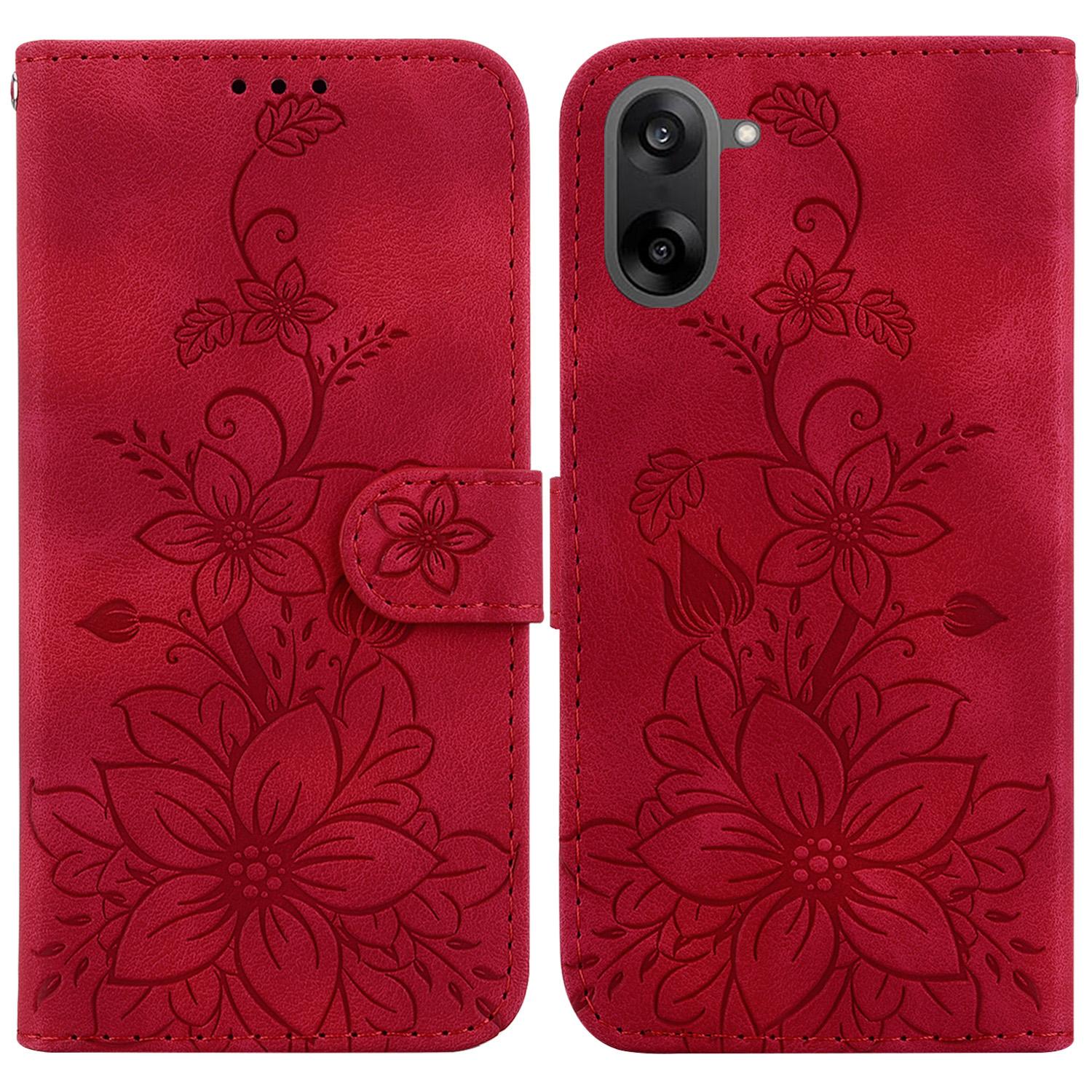 

For OnePlus Nord CE5 5G Stand Case Lily Flower Imprint Leather Phone Cover with Wrist Strap Red