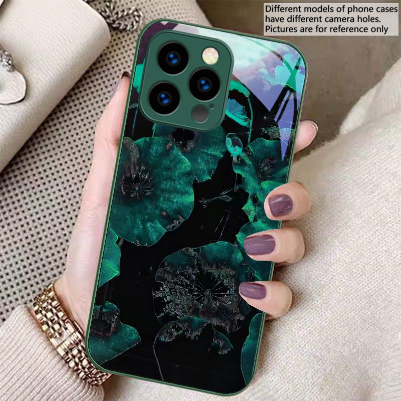 Light luxury lotus leaf For iPhone 16 E 15 14 13 Plus 12 mini 11 Pro Max XR Xs Max X 7 8 P lus 6 6S 22 Tempered Glass Phone Case