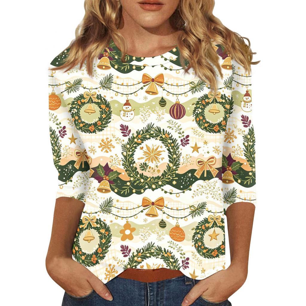 Women's Fashion Casual Three-Quarter Sleeve Christmas Print Neck Top