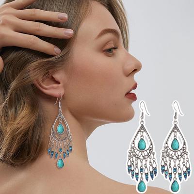 1 Pair Women Hook Vintage Hollow Ethnic Style Exaggerated Earrings Out Rhinestone Waterdrop Shape