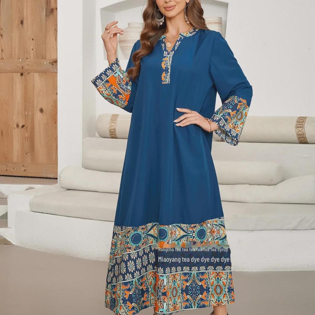 Elegant V-Neck Mid-Length Sleeve Dress With Printed Splicing