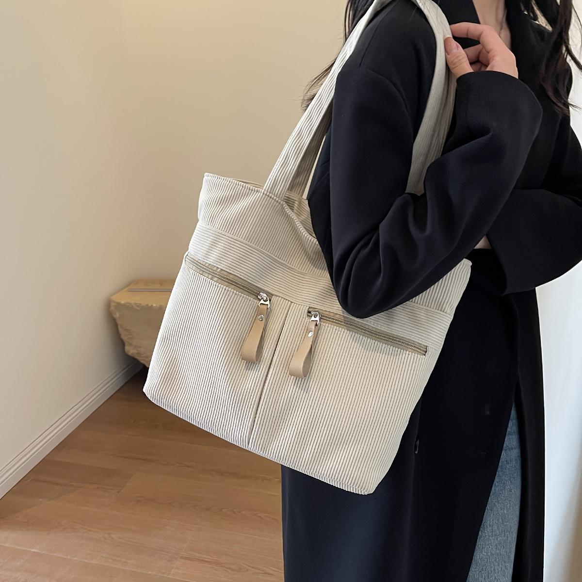 Fashi Corduroy Tote Bag, Solid Color Shoulder Bag, Women s Casual Handbag For Commute Work бежевый
