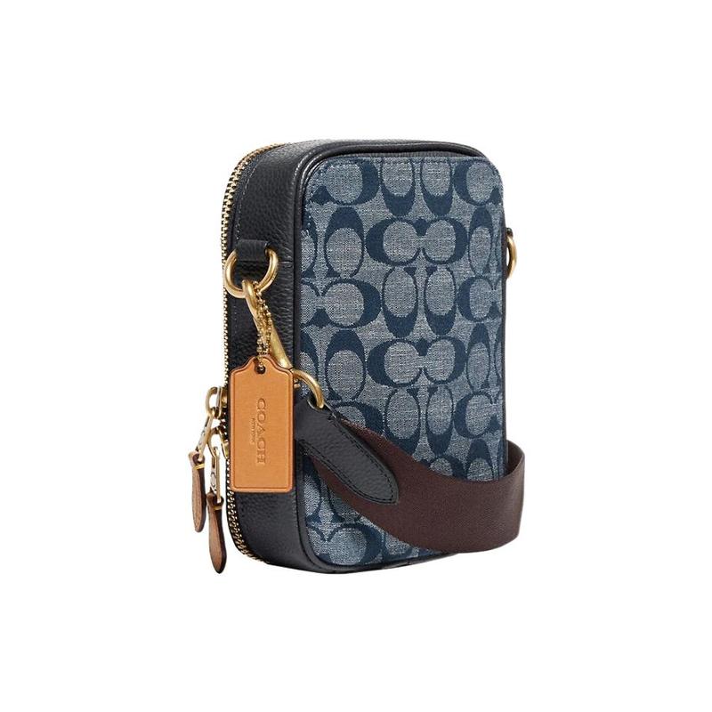 Coach Stanton 13 Champagne Print Color-blocked Zipper Canvas and Leather Crossbody Bag Mini Men's Brass and Denim Blue
