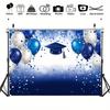 2D College Graduation Backdrop, Elegant Blue Themed Balloons & Cap Banner
