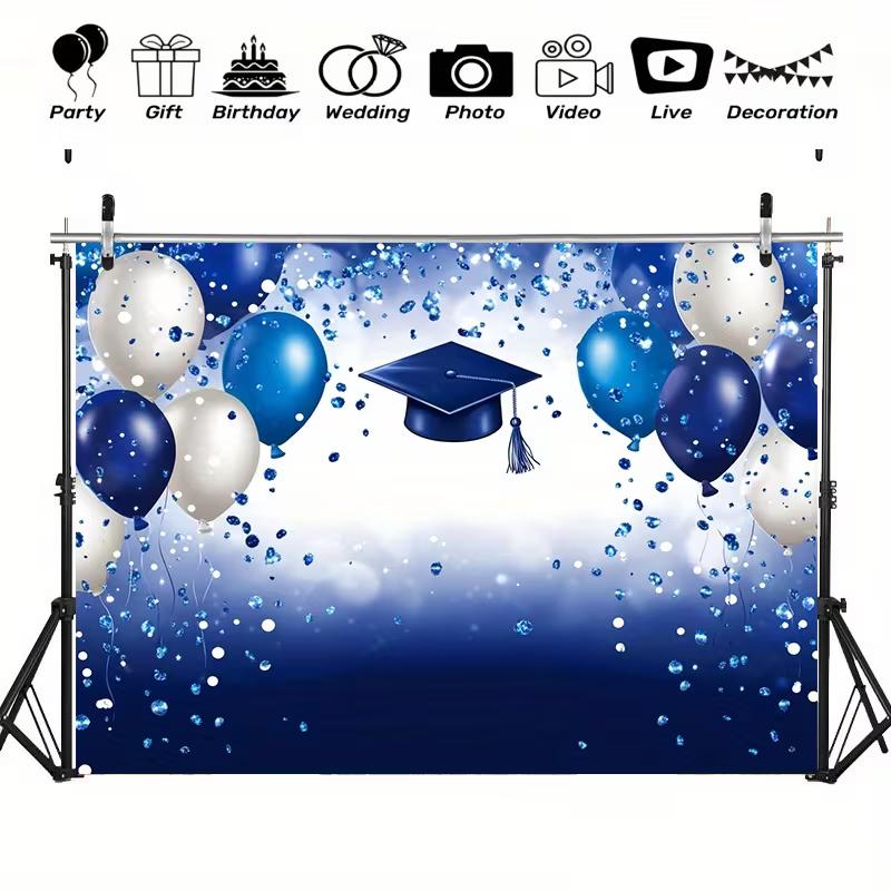 2D College Graduation Backdrop, Elegant Blue Themed Balloons & Cap Banner
