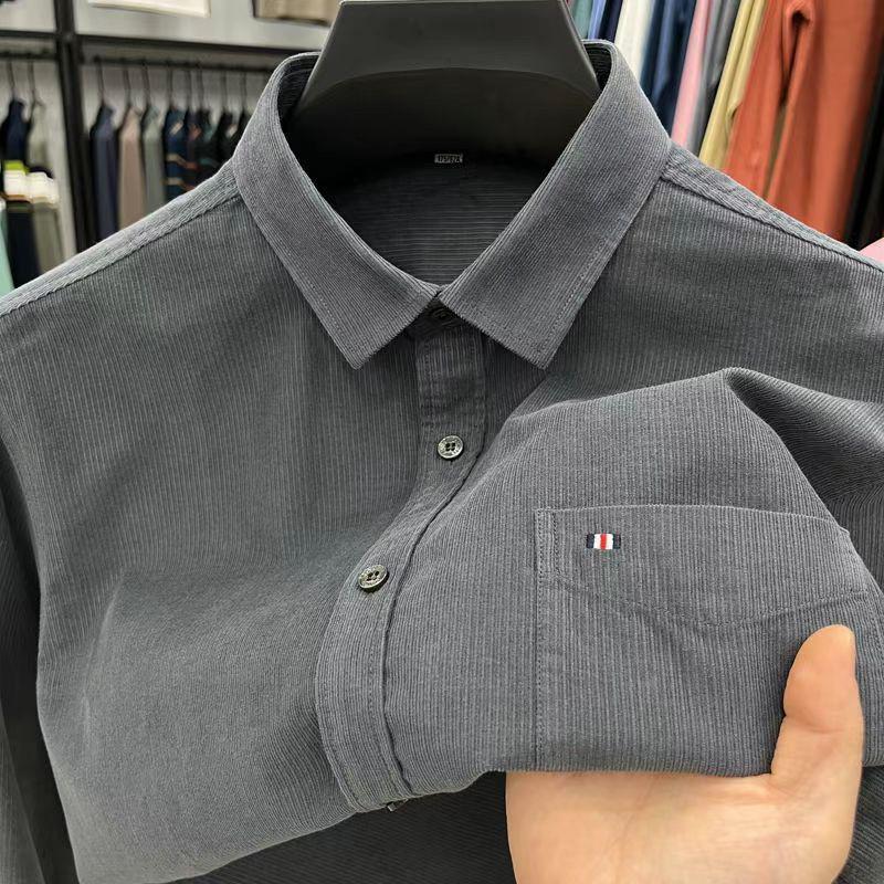 Мужская вельветовая рубашка с длинным рукавом в стиле кэжуал - Однотонная, из чистого хлопка, осенне-зимняя коллекция 3XL