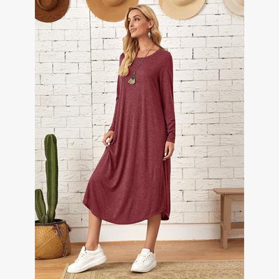 Women's Solid Color Casual Style Long Sleeve Dresses Curved Hem Loose Dress