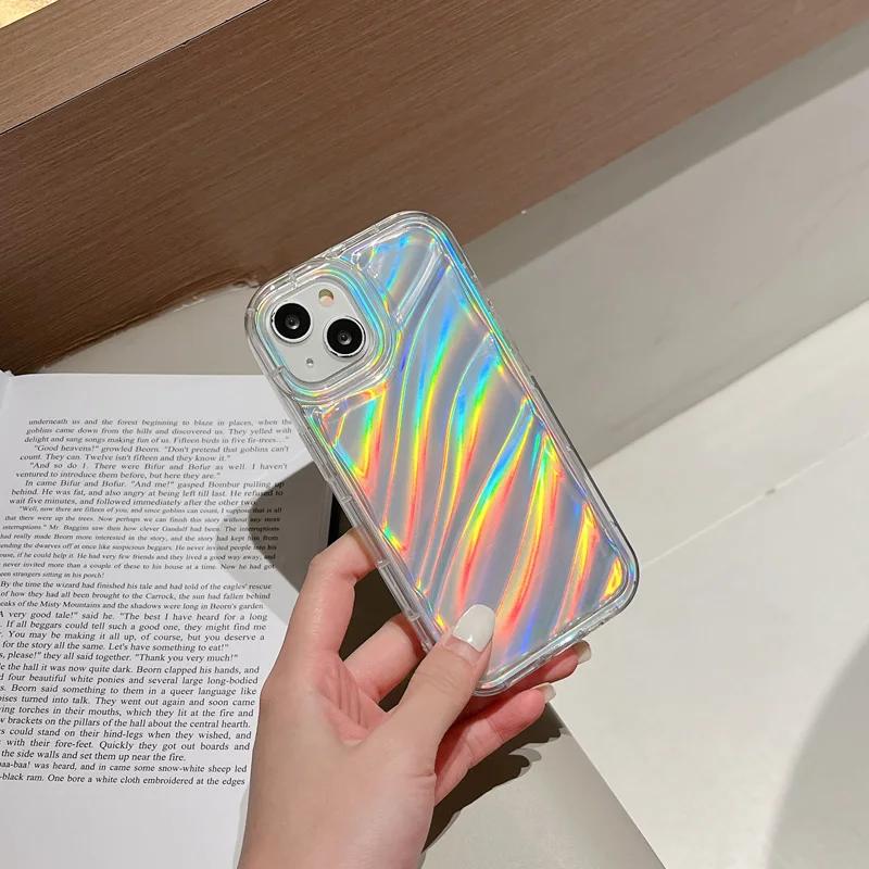 6D Laser Aurora Wave Pattern Glitter Case for IPhone 16E 15 14 13 12 11 Pro Max 17air 16 Soft Shock Protection Cover