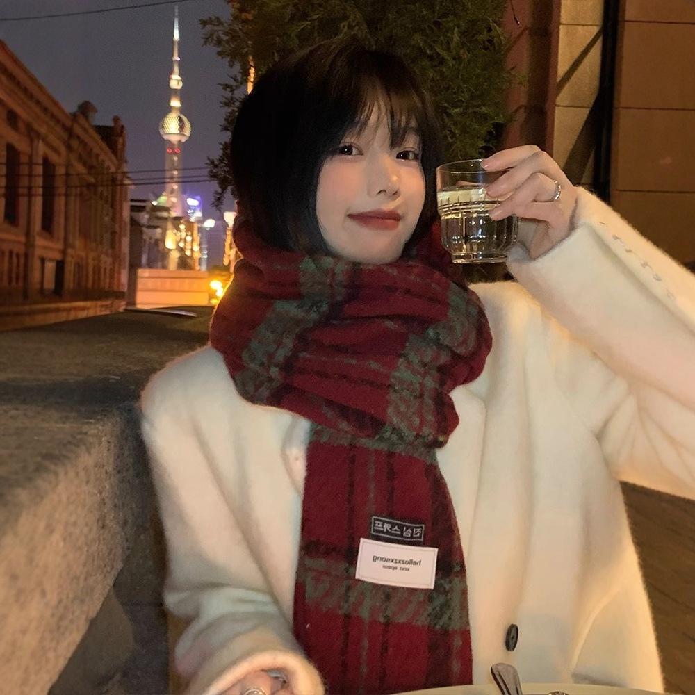 New plaid scarf women's winter thickened warm retro versatile high-end shawl scarf student autumn and winter