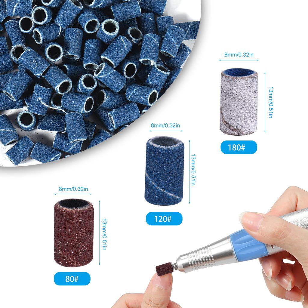 300pcs Sanding Bands with 2 Nail Drill Bits for Manicure Nail Drill Machine 80# 120# 180# Coarse Meduim Fine Grit