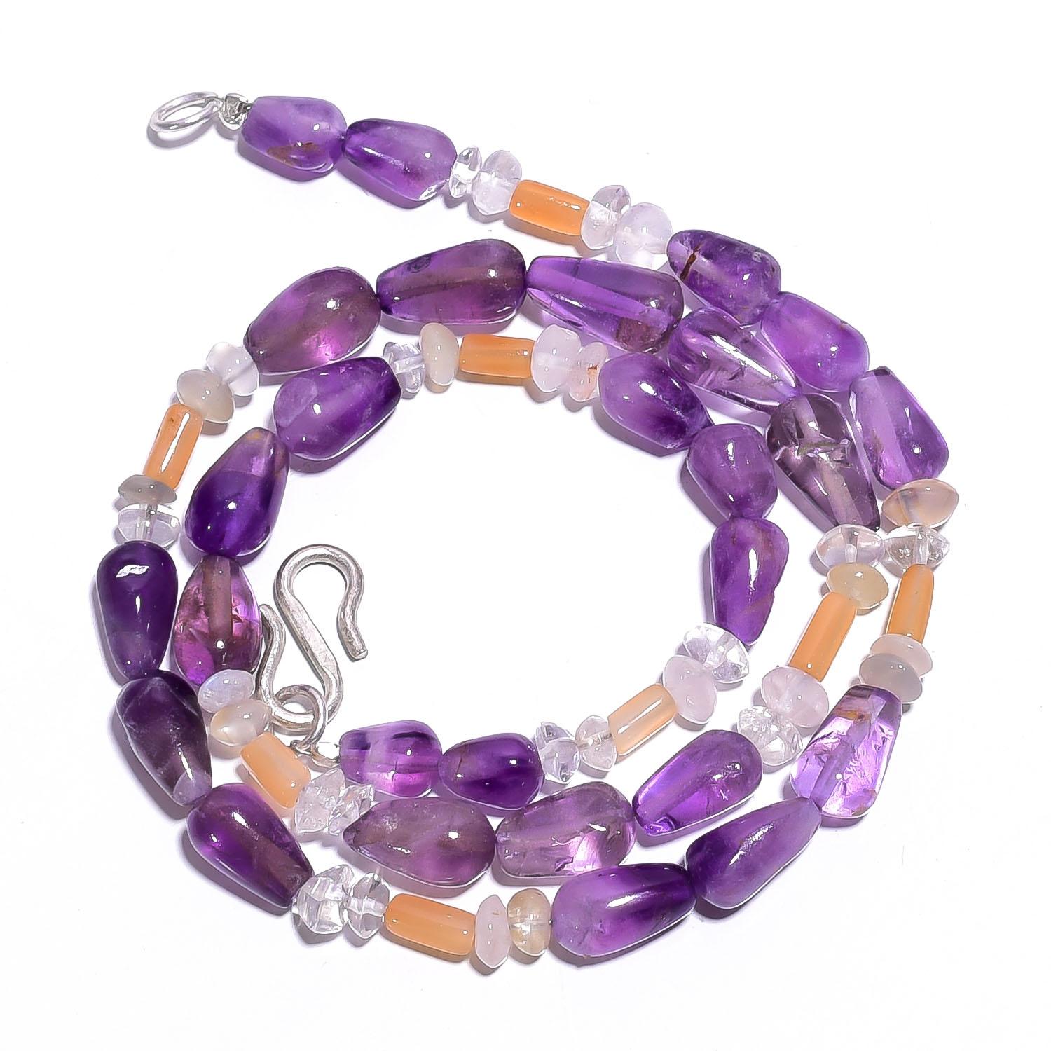 

Natural Amethyst Crystal Moonstone Gemstone Smooth Beads Necklace 17 UB-4499 UB-4499