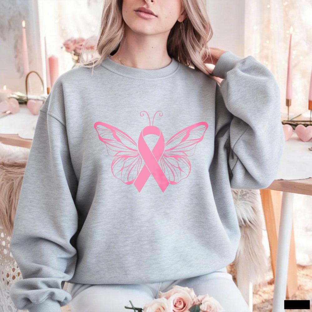 Pink Ribbon Outline Butterfly Crewneck Sweatshirt Women Breast Cancer Awareness Minimal Graphic Casual Ladies Pullover Sweat Top