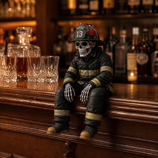 Firefighter Ornament Skeleton Shelf Sitter Statue, Vintage Resin Figurine with Realistic Gear & Distressed Sitting Posture Finish, Dark Industrial