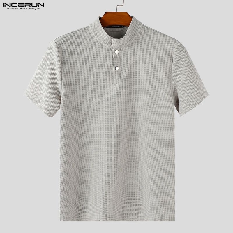 INCERUN Men Stand Neck Short Sleeve Solid Color Waffle Texture Casual Henley T-shirts Tops