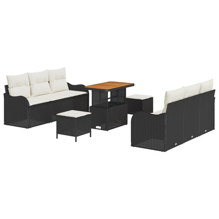 Ensemble de Canapé de Jardin 9 Pièces avec Coussins Noir Poly Rotin Acacia vidaXL, Canapé de Jardin 2 Places avec Coussins 3362220