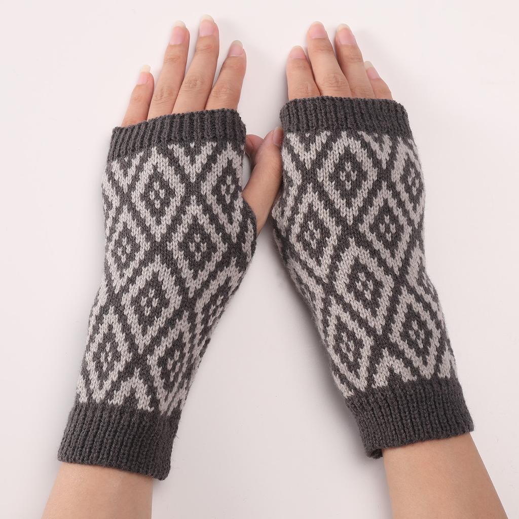 Zweifarbige rautenförmige kurze Handschuhe, neue Herbst- und Winter-Woll-Warme Ärmel, modische Damen-Strick-Fingerhandschuhe