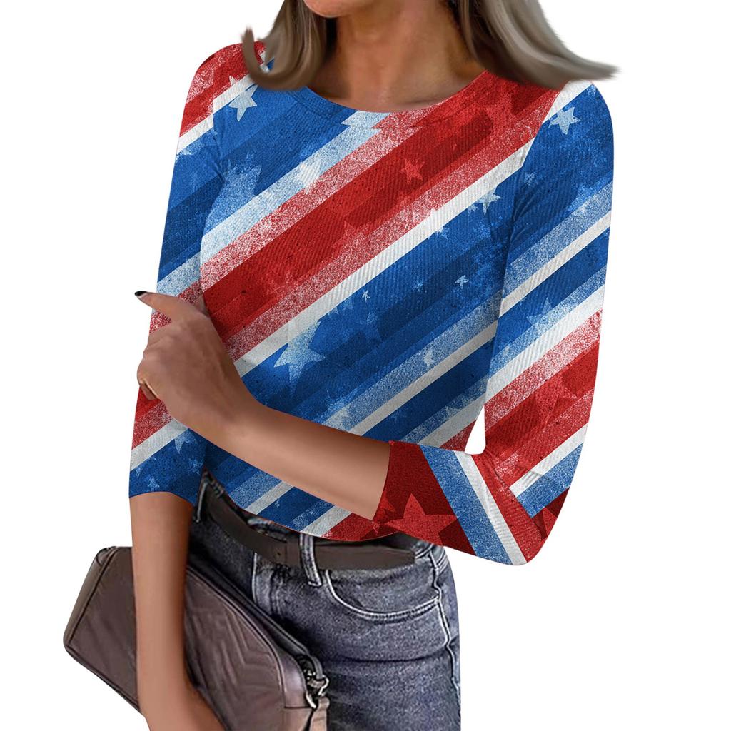 Women's Casual Fashion Round Neck Independence Day Print Three-Quarter Sleeve Ribbed Top