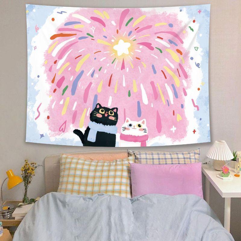 Cute Graffiti Animals Star Tapestry, Anime Healing Wall Hanging, Kawaii Aesthetic Wall Decor for Bedroom Dorm Home Room