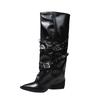 New Pointed Toe Belt Buckle Boots Women's Outer Wear Autumn and Winter Riveted Trouser Pipe Knight Boots