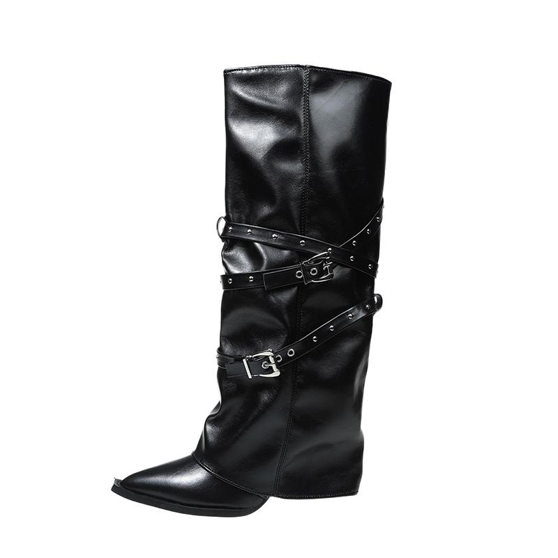New Pointed Toe Belt Buckle Boots Women's Outer Wear Autumn and Winter Riveted Trouser Pipe Knight Boots