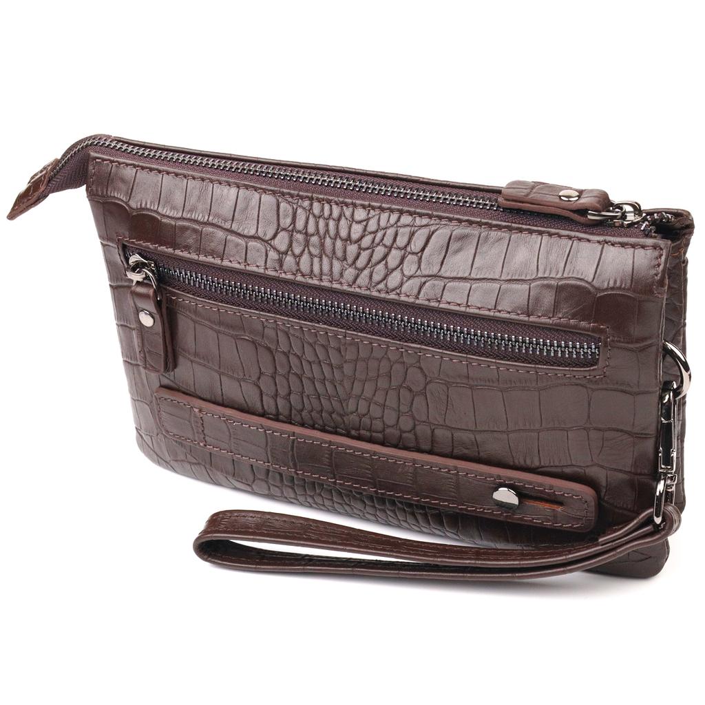 Interesting Clutch for Men Made of Genuine Textured Leather with Crocodile Embossing CANPELLINI 21554 Brown