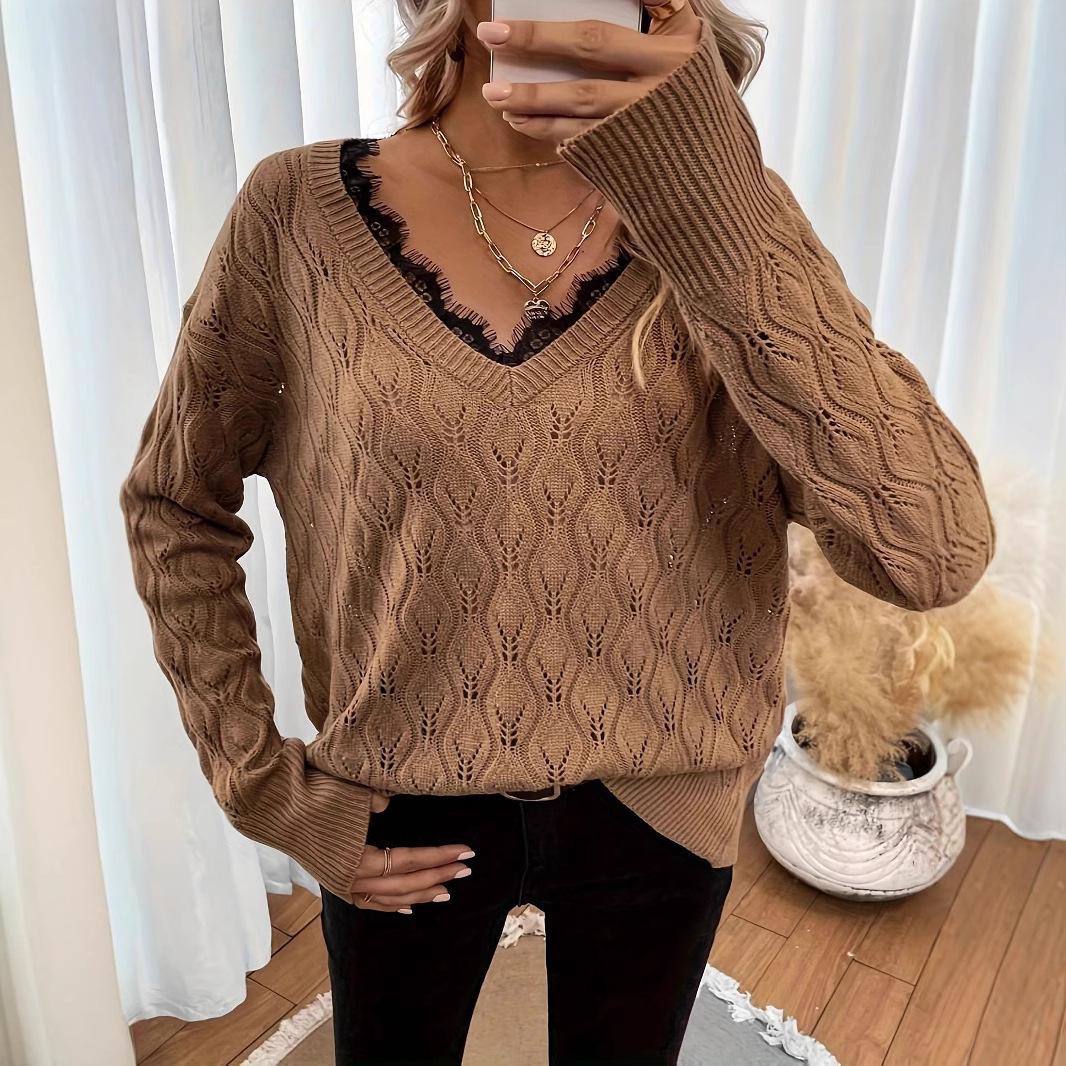 

Lace-Edged V-Neck Solid Color Pullover Sweater - Women s European and American Long-Sleeve Knitted Top Extra Large верблюд