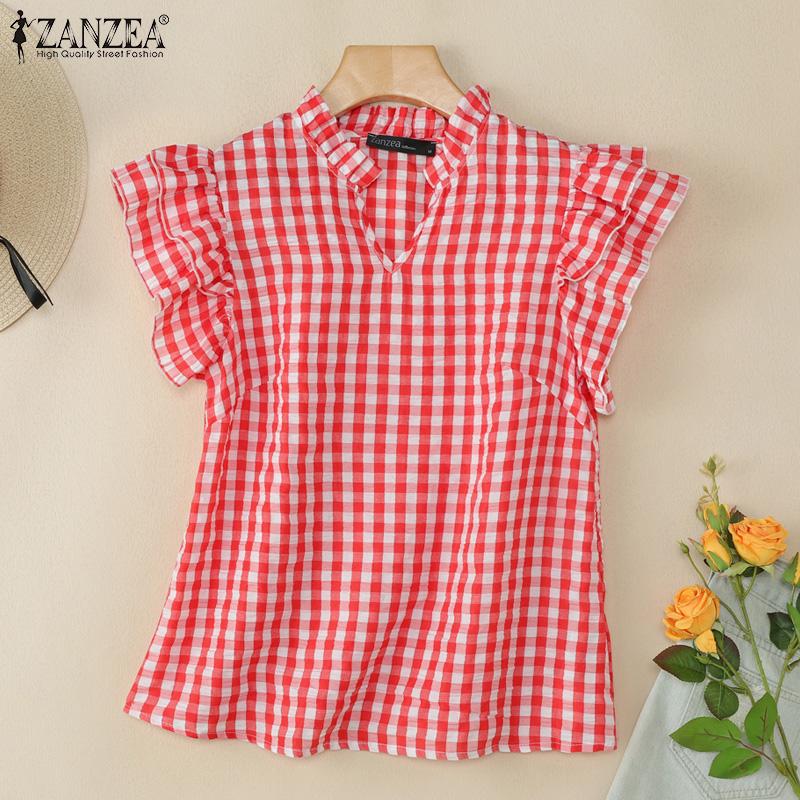 ZANZEA Women Casual V-Neck Plaid Print Cap Sleeve Blouse