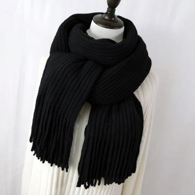 Scarf Women's Winter Korean Style Knitted Thickened Warm Wool Men's Solid Color Tassel Scarf EMA