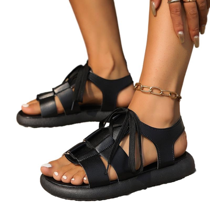 Fashion 2025 Summer Open Toe Women's Plus Size Sandals Round Toe Flat with Lace Up Mixed Colors Sandals for Outdoor Casual Comfortable