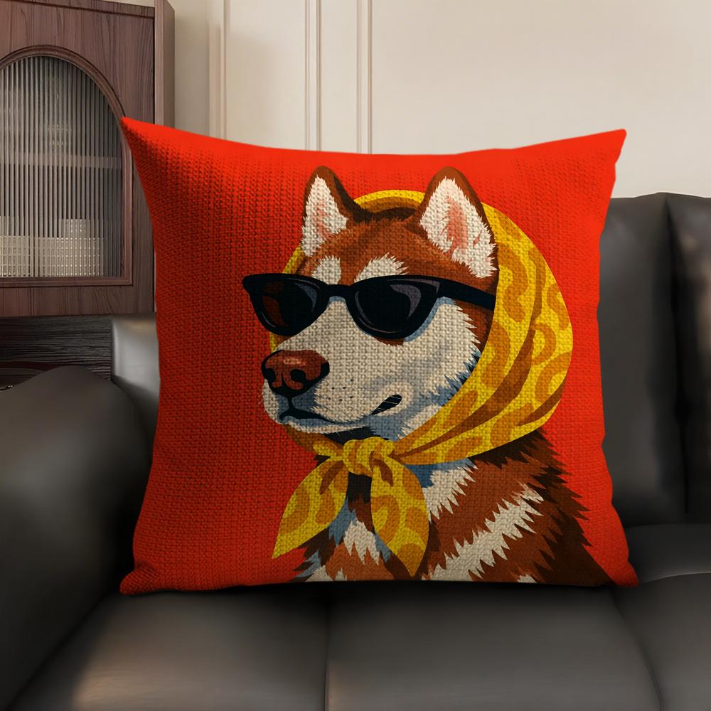 Dog Wearing A Hat Cushion Cover Summer Breathable Linen Organic Fabric Double-Sided Printing Sofa Pillow Case Home Decor