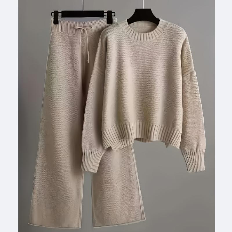 Ladies' Early Autumn New Sweater Fashion Two-piece Set Shoulder Long Sleeve Pullover + Straight Wide Leg Pants Combination