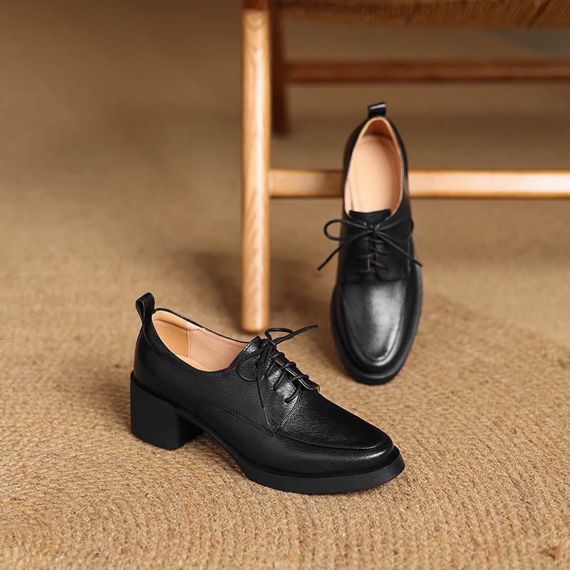 Krazing Pot Sheepskin Autumn Winter Shoes Chunky Heels Size 43 Size 42 Round Toe Lace Up Deep Mouth Retro Fashion Pumps