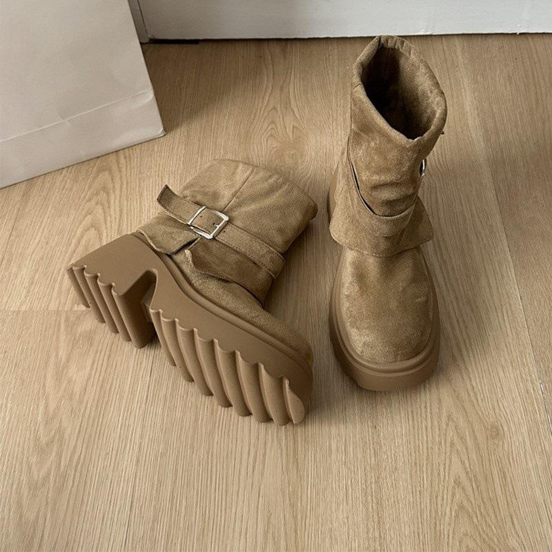 Fashion Western Short Boots Women 2025 Spring and Autumn New Retro Thick High Heels Shoes Platform Trouser Stacked Suede Ankle Boots