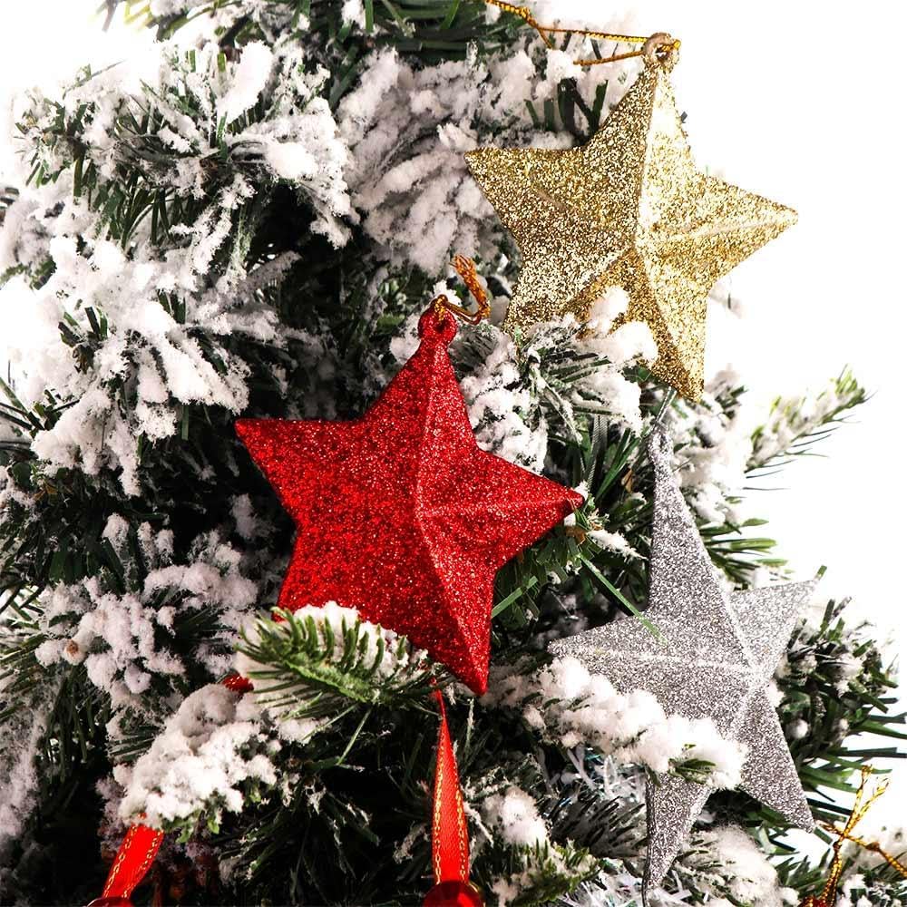 4/24PCS Glitter Star Christmas Tree Ornament Gold Pentagram Xmas Hanging Star Pendant Holiday Wedding Party Decoration Kids Gift