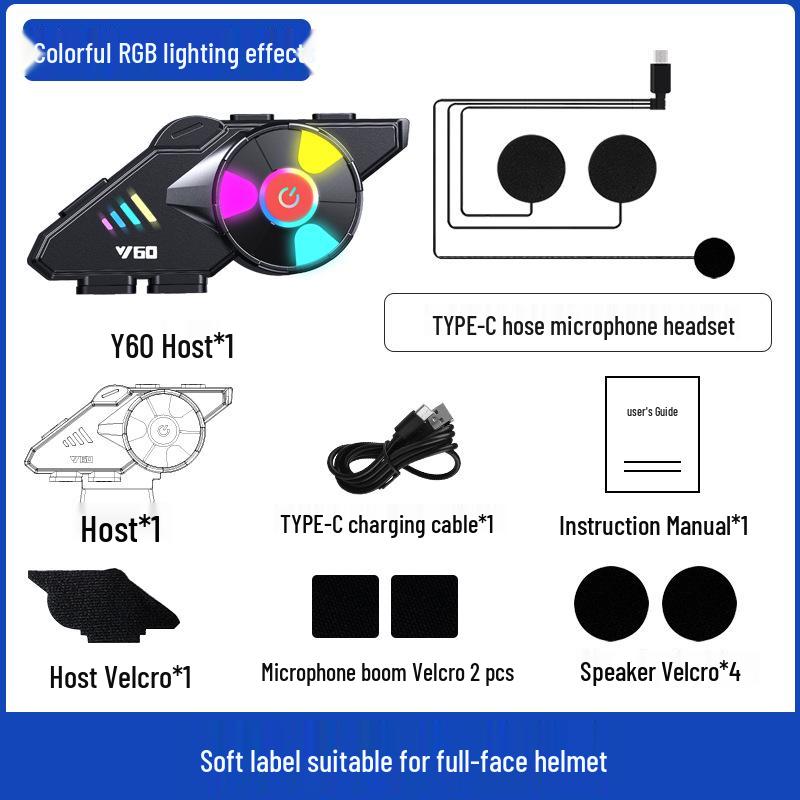

Y60 Motorcycle Helmet Bluetooth Headset - Waterproof, Dustproof, Noise Cancelling with RGB Lighting