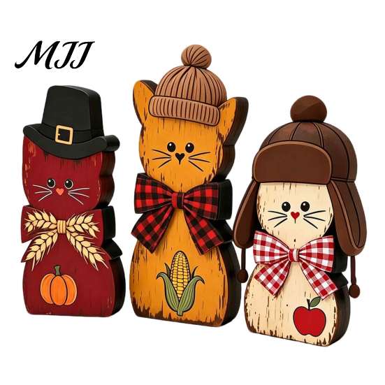 2D Flat Cat Ornaments 3Pcs Christmas Wooden with Hat and Bow Tie, Decorative Decor Thanksgiving Tabletop Figurines, Cute Desktop Decoration