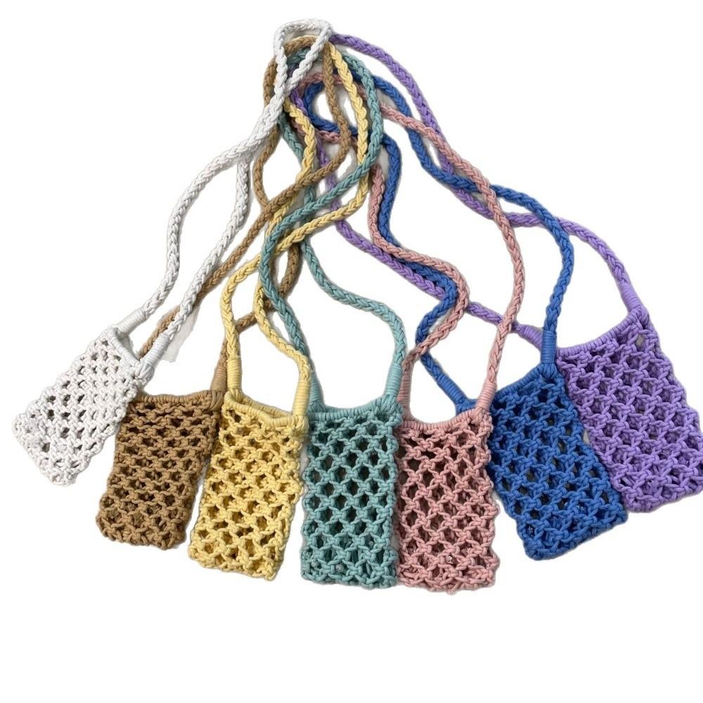 New Portable Crossbody Phone Bag Hollow-out Woven Solid Color Phone Purse Crochet Lightweight Handbag Gifts