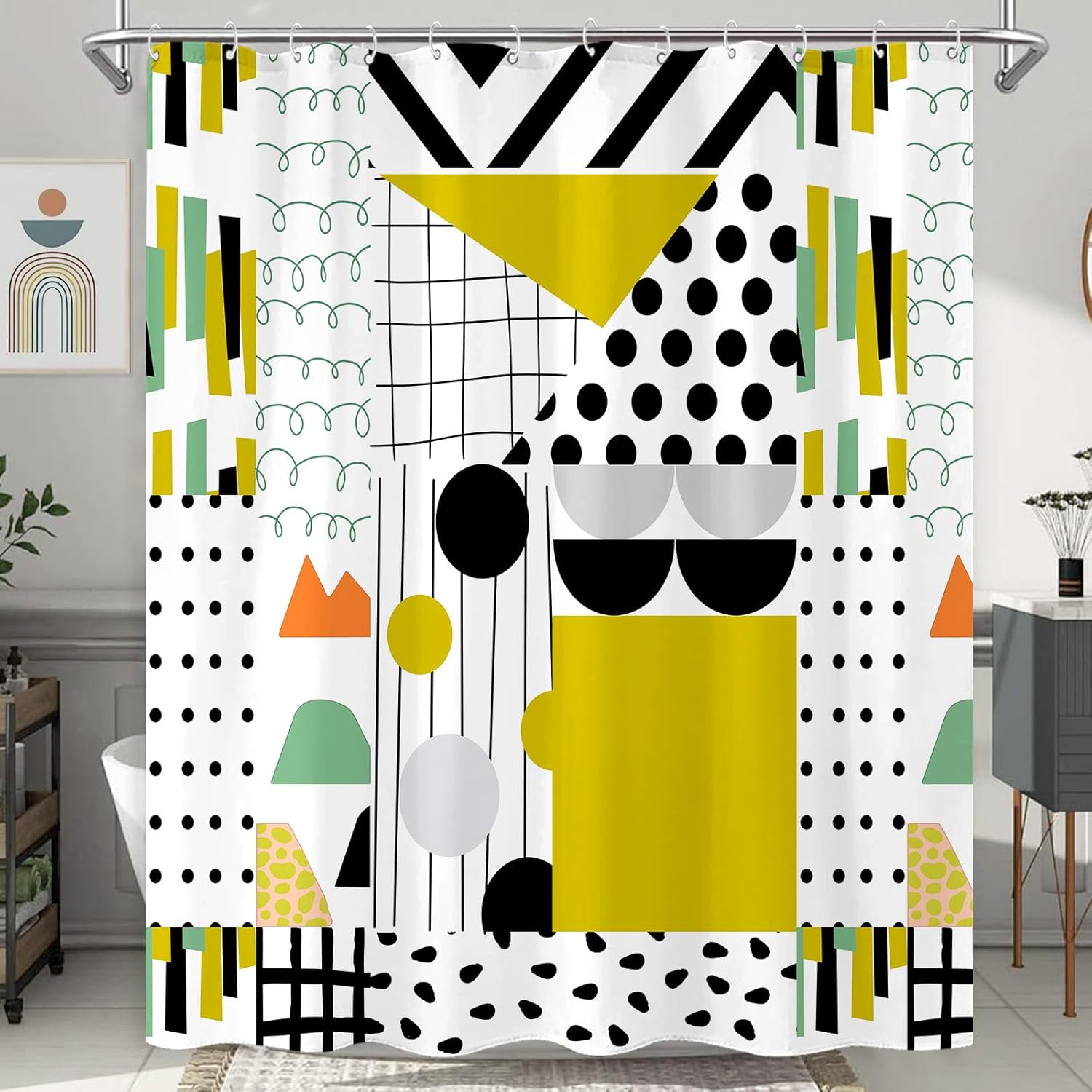 

Extra Long Geometric Shower Curtain Mid Century Modern Shower Curtains for Bathroom Abstract Yellow Black White Waterproof 90x180CM