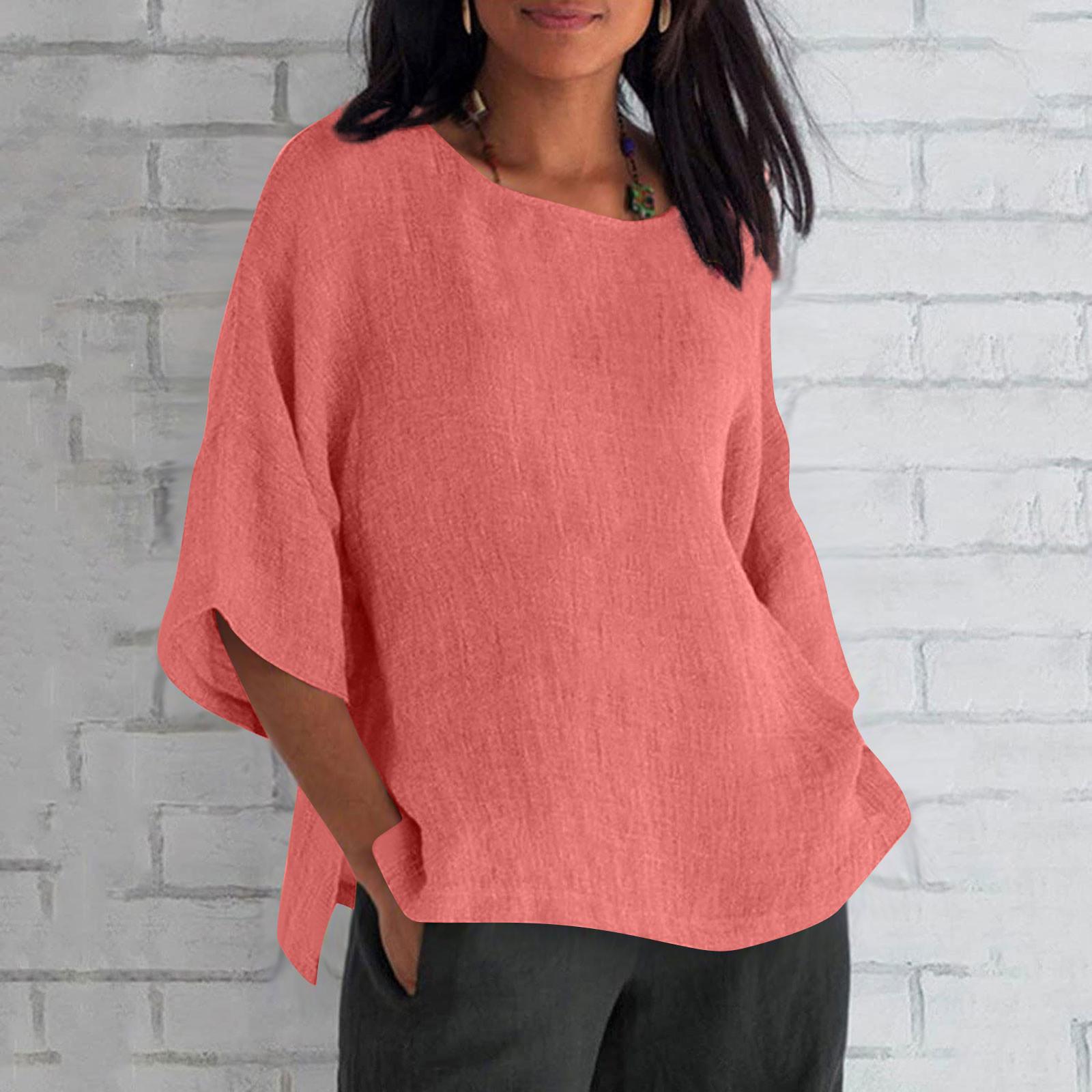 

Women s Ladies Fashion Cropped Sleeves Round Neck Cotton Loose Shirt Blouse S рожевий