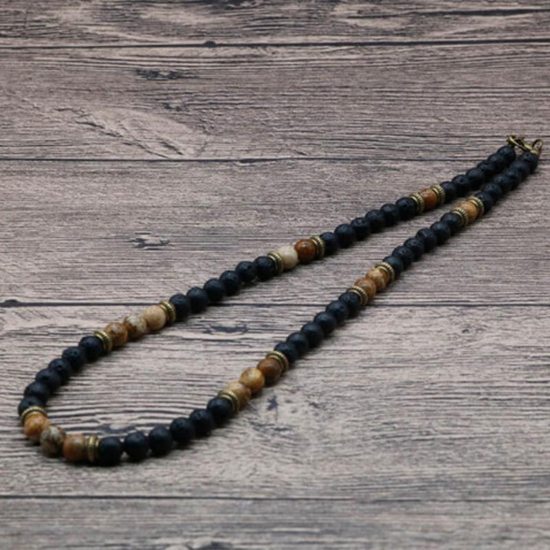 Vintage Choker Chakra Necklace Charm 6mm Natural Lava Stone Necklace Men Boy Short Necklace Male Casual Jewelry Husband Pulseras