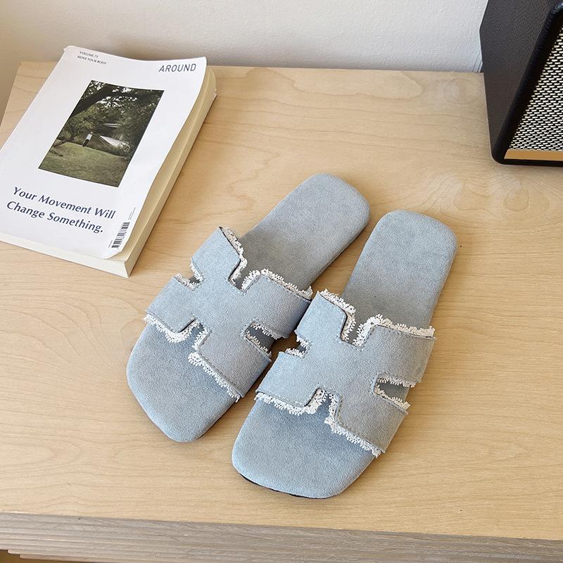 

2025 лето трендовые шлепанцы на плоской подошве из искусственной кожи, женская одежда, модные, универсальные, повседневные, джинсовые, крутые шлепанцы 40 светло-синий