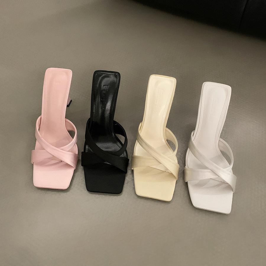 French cross high-heeled cool slippers women's 2025 summer new fashionable versatile square head open-toed stiletto sandals