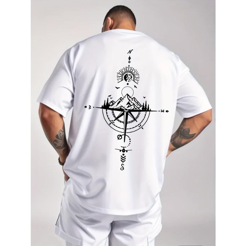 European sizes Men's Vintage Compass Print Short Sleeve Crew Neck Casual Sports Thin T-shirt for Summer and Spring