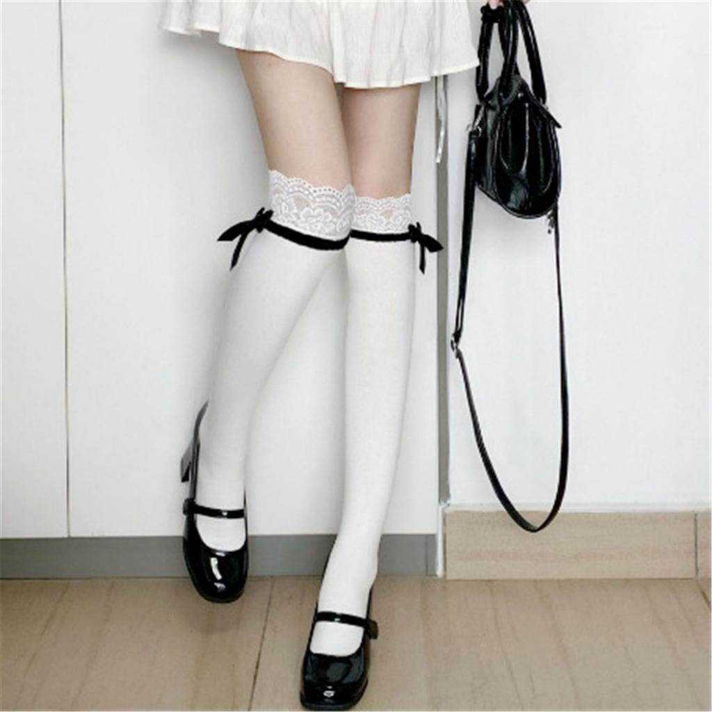 Women's Sweet Lace Frilly Knee Highs Socks Cotton Calf Socks Solid Thigh Highs Stockings Cute Knee Highs Stockings Gifts