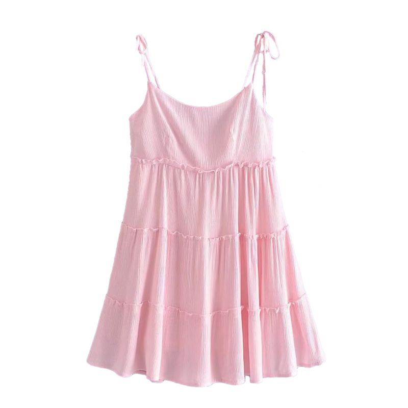 Kaslead New Arrival Women's Clothing Fashion Style Layered Patchwork Pink Sling Dress Loose Versatile Short Skirt