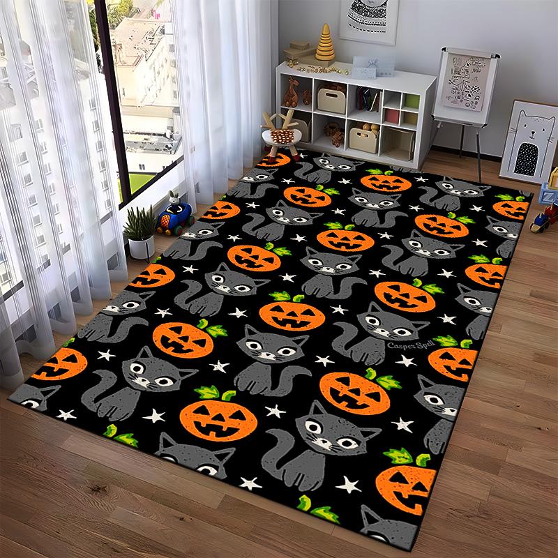 Halloween Black Cat and Pumpkin Pattern Carpet with Stars On Black Background Suitable for Use As an Anti-slip for Room and Bedroom Sofas